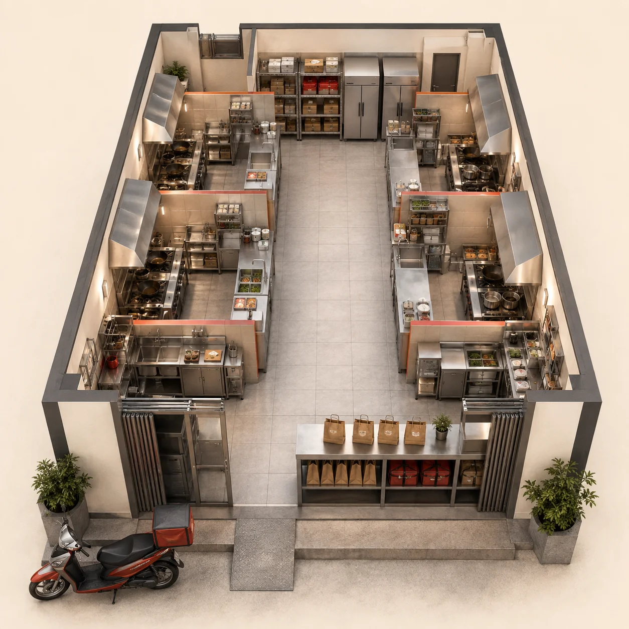 Ilustrasi tata ruang cloud kitchen dengan dapur tenant, area persiapan, penyimpanan bersama, dan pengambilan pesanan